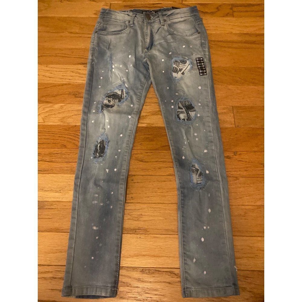 NWT Spark women's distressed stretch/skinny light wash splattered jeans sz 30/30